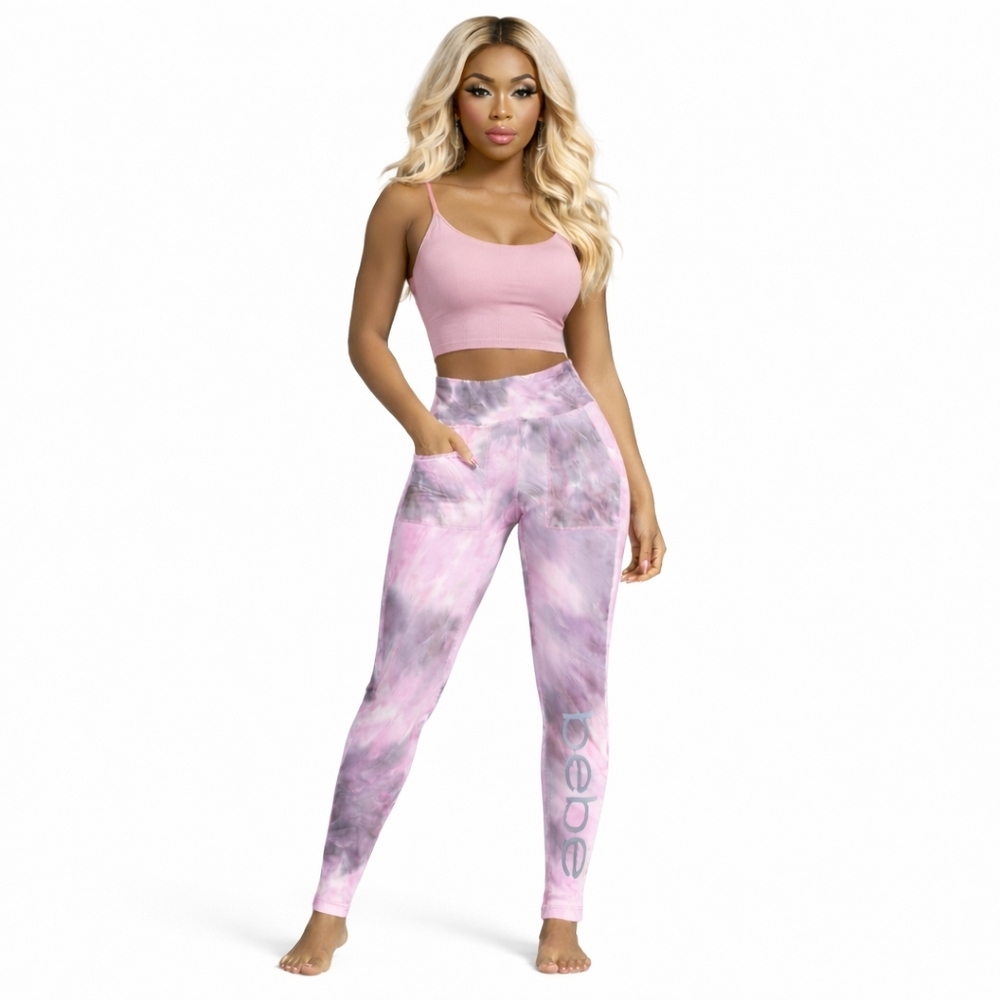 BEBE SPORT Tie Dye Marble Leggings w Pockets SMALL Pink Yoga Pants - Picture 4 of 4